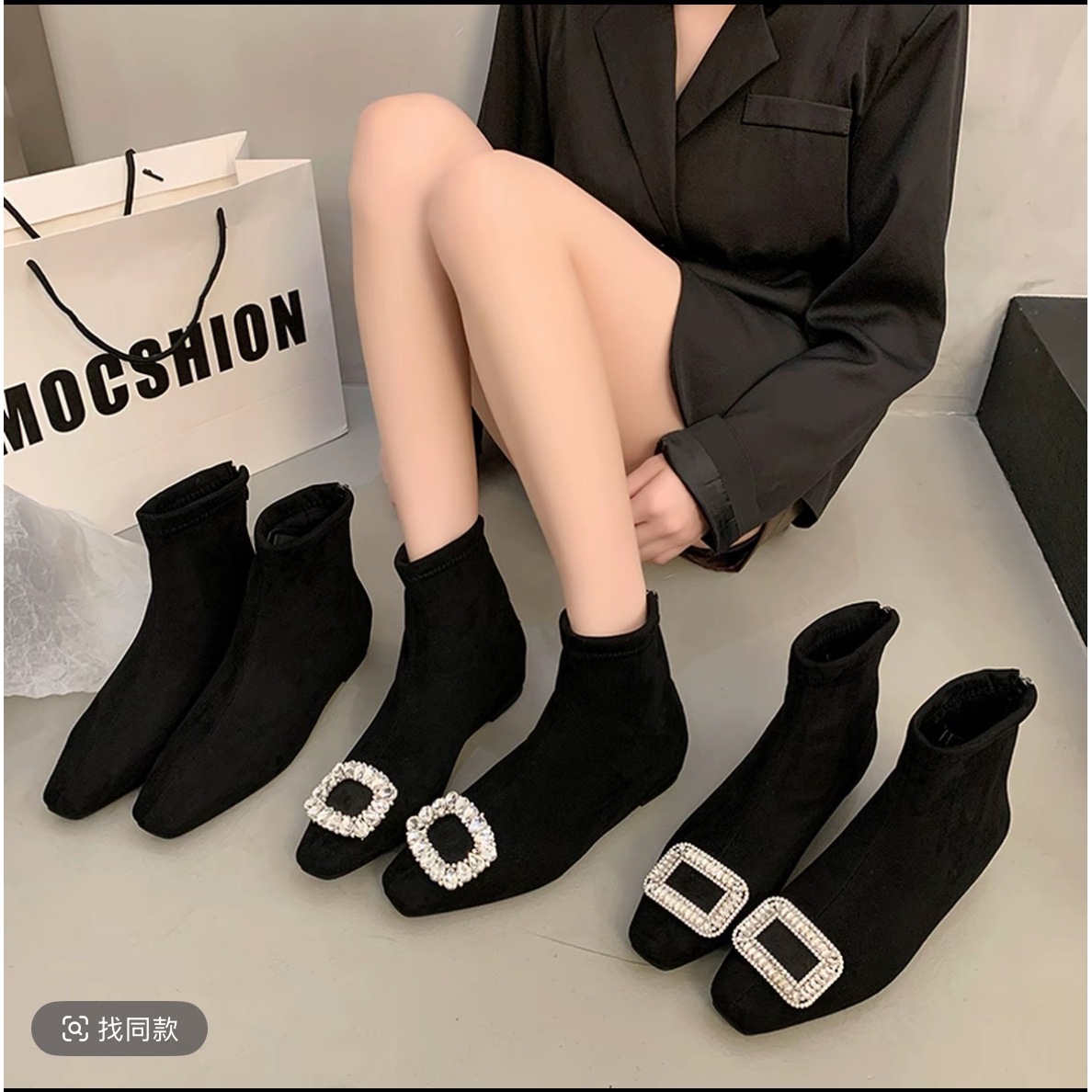 小香风黑色水钻方扣内增高短靴女2025秋冬新款显瘦加绒弹力瘦瘦靴