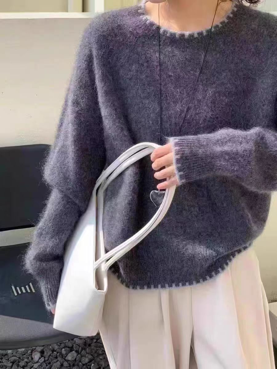 羊毛纯色加厚款针织拉毛宽松型圆领衫显瘦打底加厚百搭时尚外穿