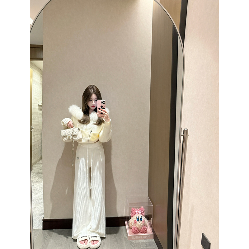 小蜜蜂刺绣阔腿长裤女慵懒风软糯肌理感格纹针织垂感直筒拖地裤