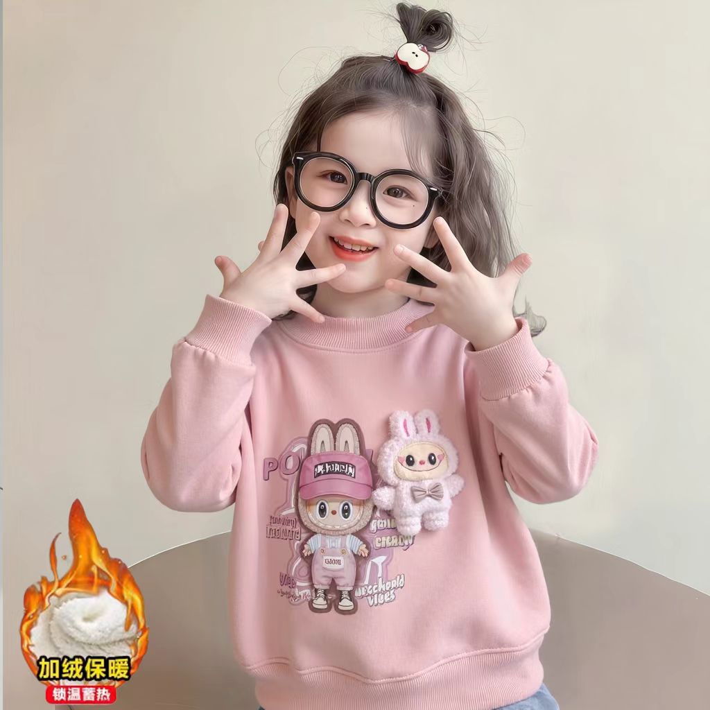 女童加绒加厚卫衣2025秋季新款奥利绒上衣套头可爱保暖新款可爱兔