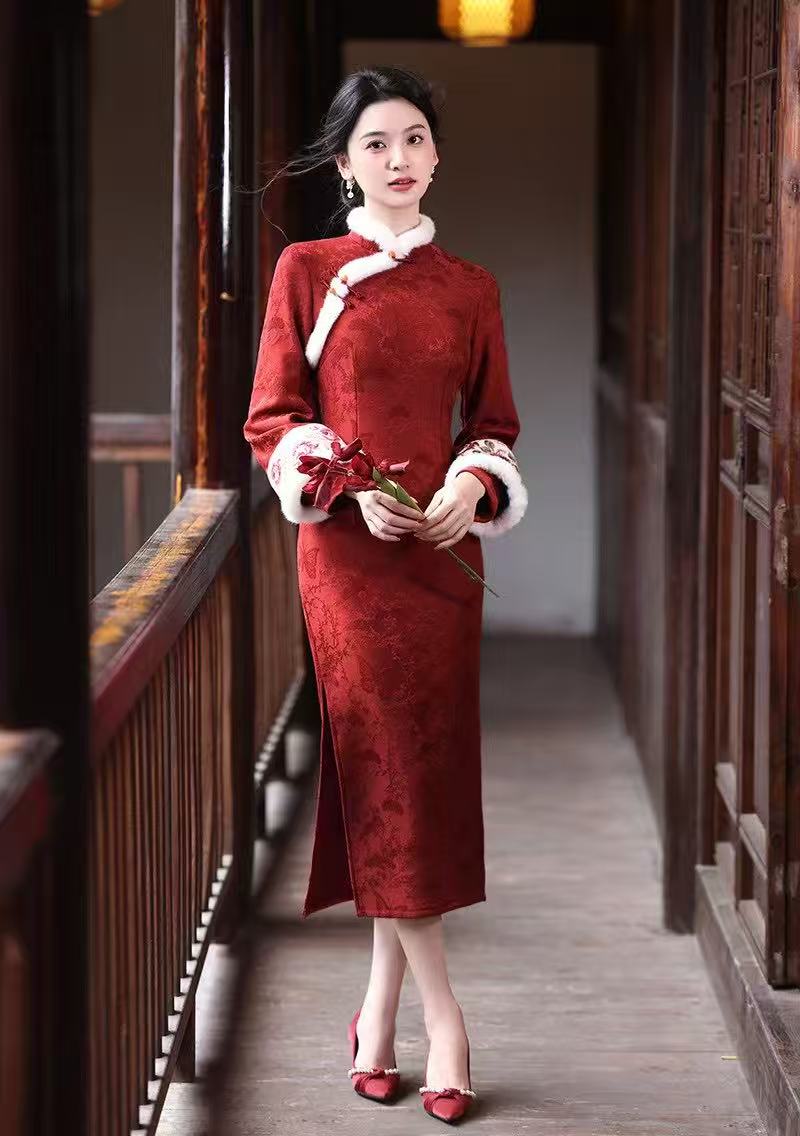 [月华]毛领加绒长裙复古立领旗袍修身厚款常规袖冬季