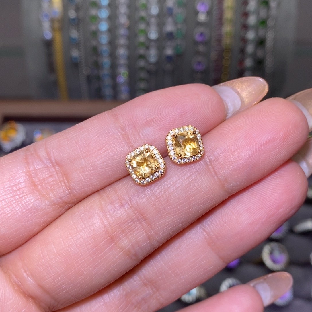 黄晶耳饰银S925镶嵌5678