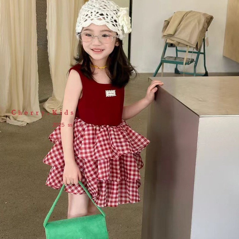 1795夏季连衣裙新款儿童洋气公主裙宝宝拼接格子背心裙子