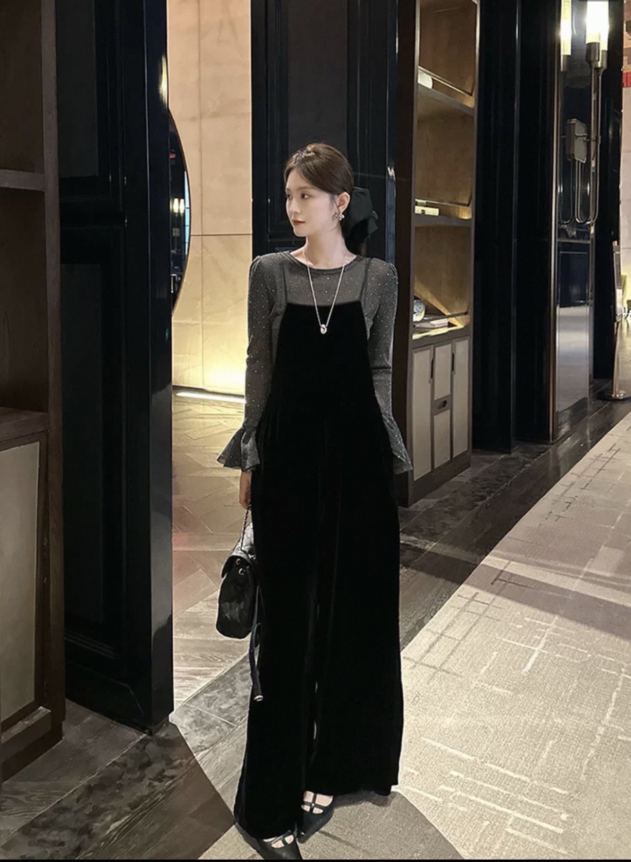 减龄独特超好看上衣黑色丝绒连体裤两件套装女2025秋冬新款9124#