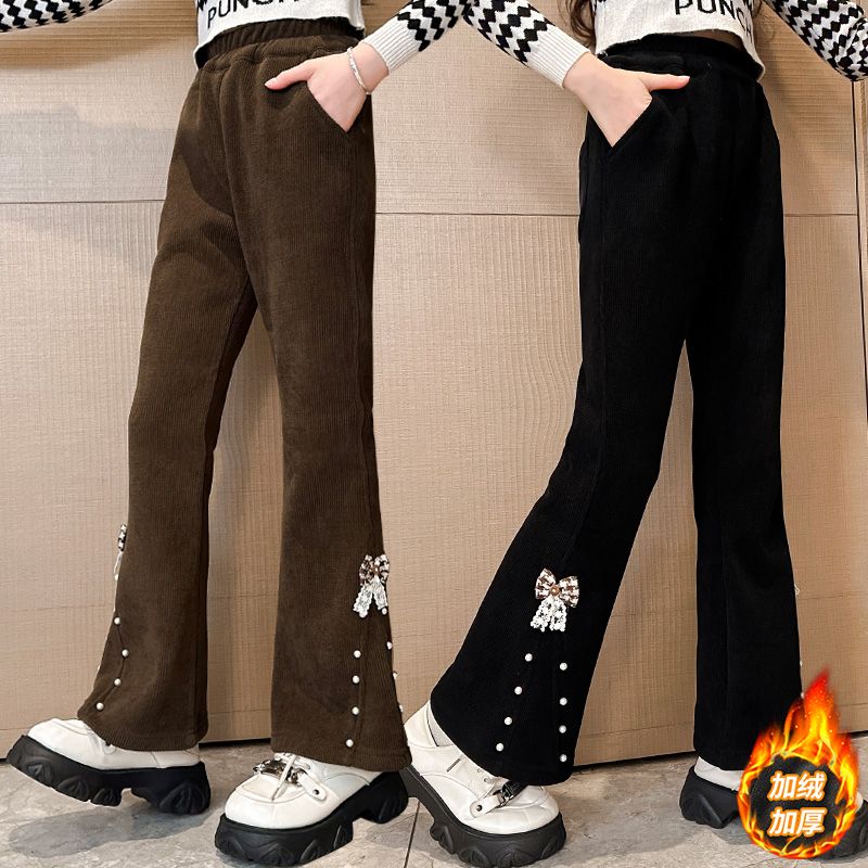 女童加绒裤子2025新款儿童加厚保暖大童女孩特厚洋气羊驼绒喇叭裤