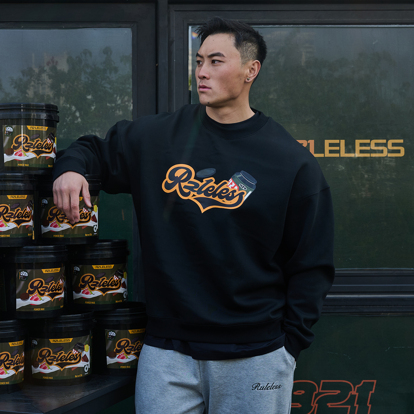 RULELESS  530g复合棉加绒加厚美式廓形宽松蛋白粉桶装圆领卫衣