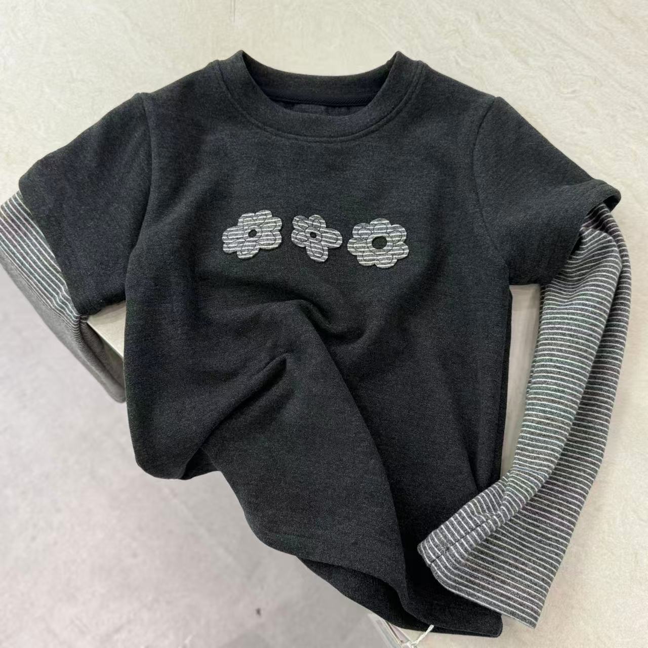 W2663儿童假两件T恤25210简约秋季衣服女童装6-12岁潮款高级感
