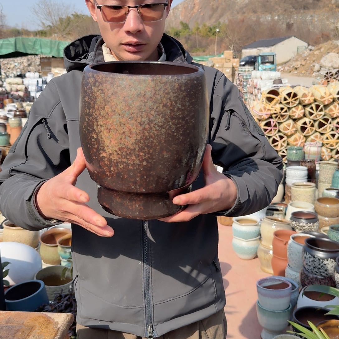 紫砂花盆口18.5高23（一个蛋壳武黑色泼墨