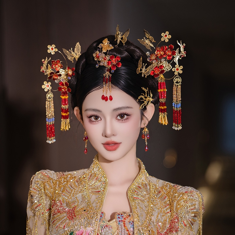合金婚庆饰品 中式新娘头饰眉心坠红色步摇蝴蝶结婚秀禾发饰G0172