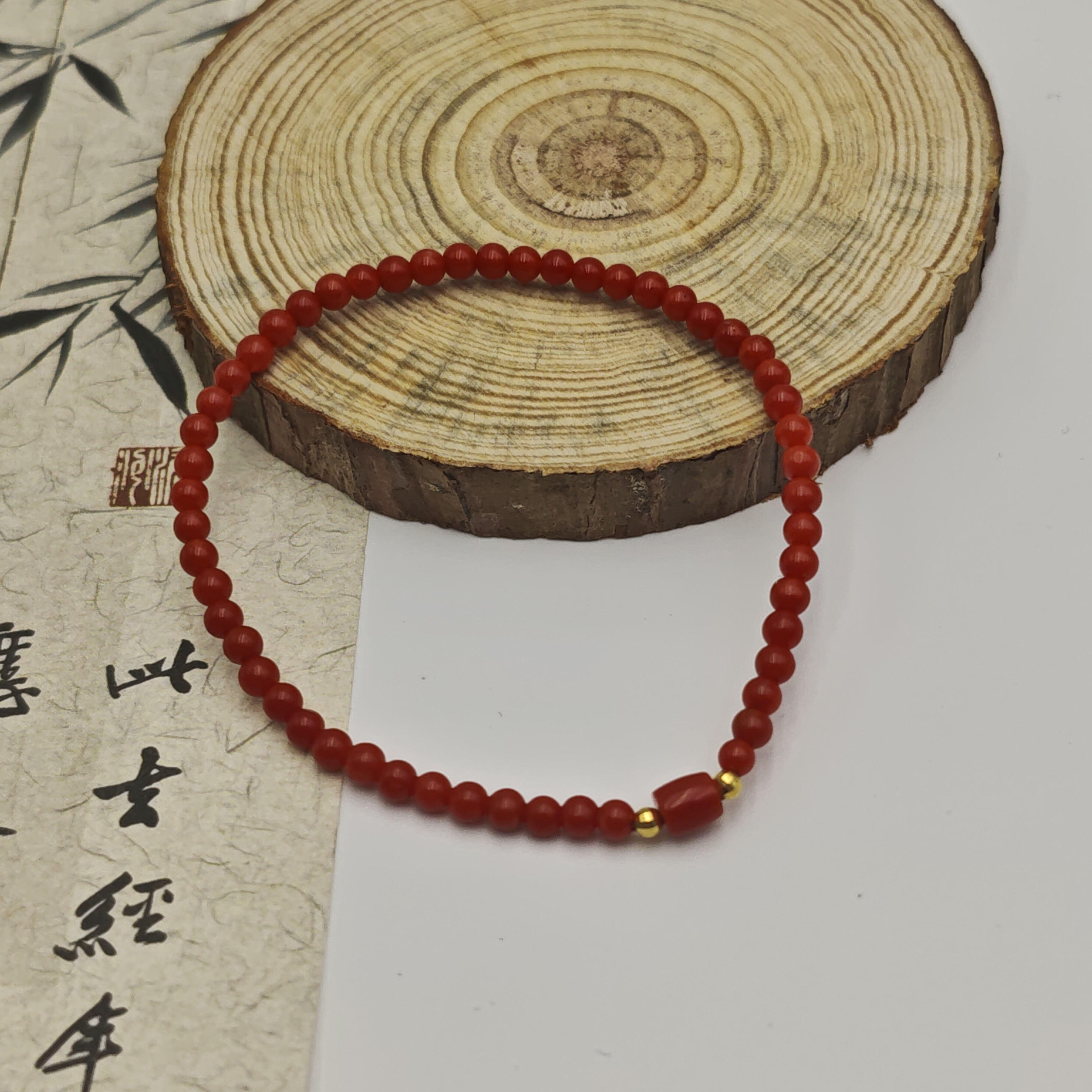 【中展红珊瑚】18k金珠红珊瑚桶珠手串3mm（多样性发一）