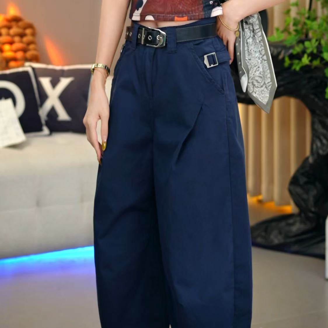 笑歌-时尚立体捏褶设计阔腿显瘦休闲九分气球裤-时尚百搭