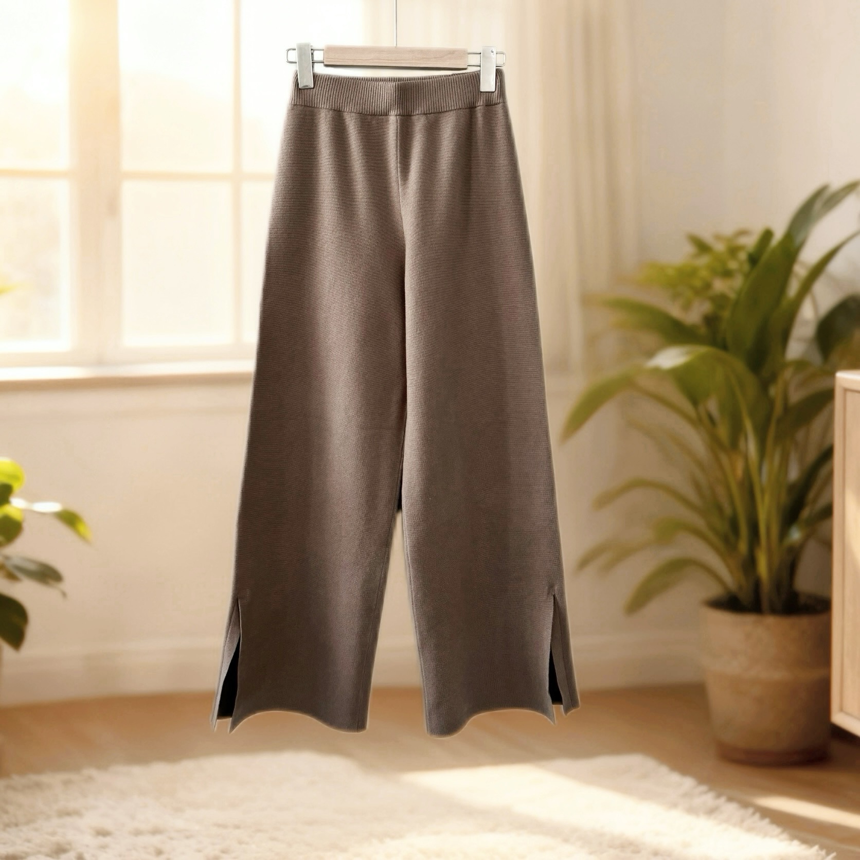 玲姐定制-高腰纯色直筒阔腿裤设计感开叉小个子九分针织裤531014