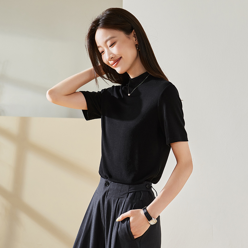 索菲丝尔含羊毛半高领短袖t恤女2025秋季时尚纯色打底衫537012