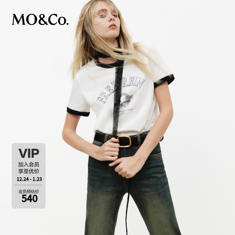 MOCO短袖T恤2026春新品精梳棉黑白撞色镶边印花圆领MBF1TEE024