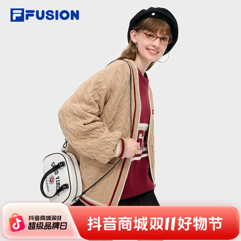 FUSION斐乐潮牌编织外套女秋冬休闲复古V领开衫T11W433403F