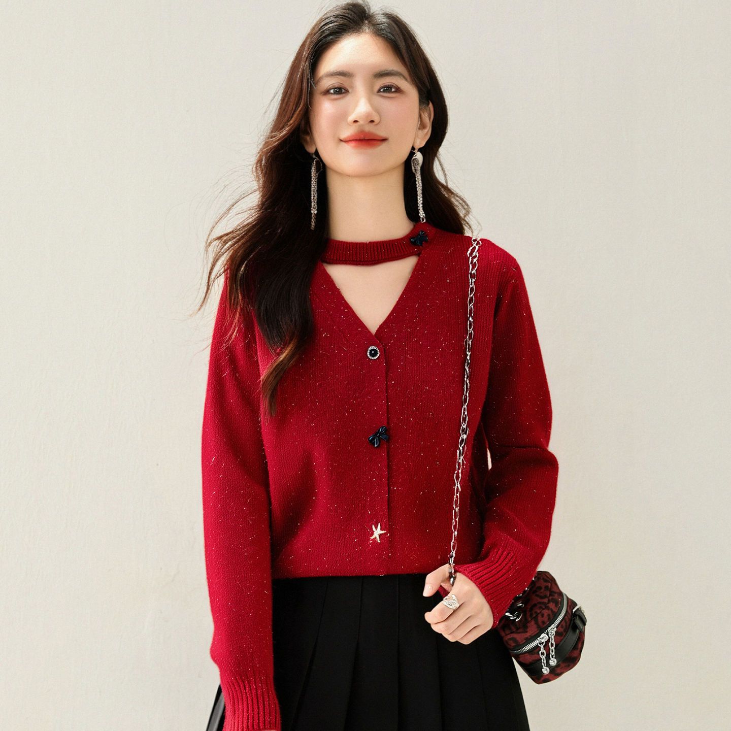 秋冬复古链条装饰针织开衫女宽松百搭保暖上衣