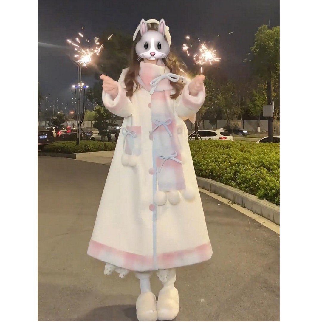 【可可森林四件套】奶油可可秋冬可爱蝴蝶结甜美少女围巾毛呢大衣