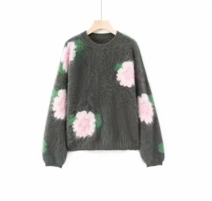 圆领【山羊绒拉绒】花朵提花针织衫JJ-8881