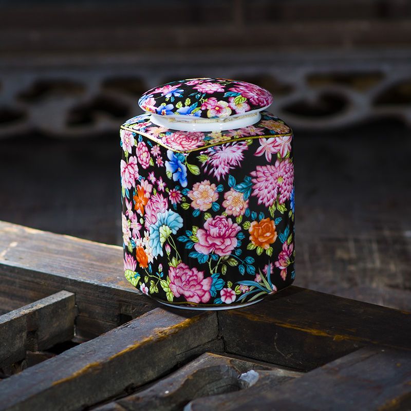 高档珐琅彩四方陶瓷密封茶叶罐家用防潮一罐多用适用