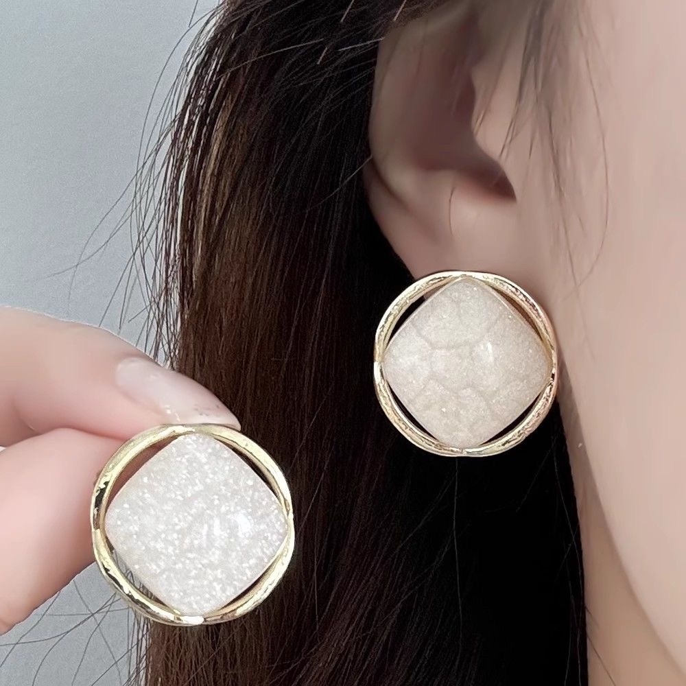 铜合金耳饰 复古小众裂纹菱形金属耳钉法式简约时尚百搭耳环