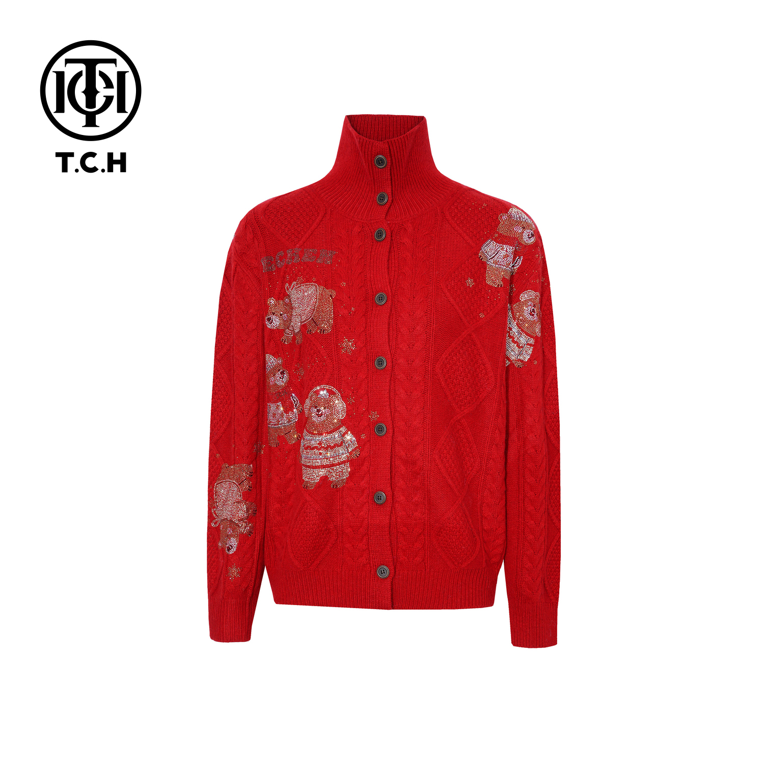 TCH【时尚百搭】冬款时尚烫钻红色休闲风女装针织开衫T75D43E5019