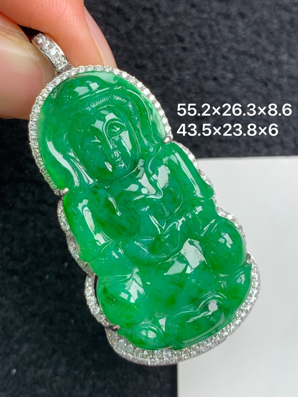 18K金镶嵌天然缅甸翡翠阳绿观音吊坠