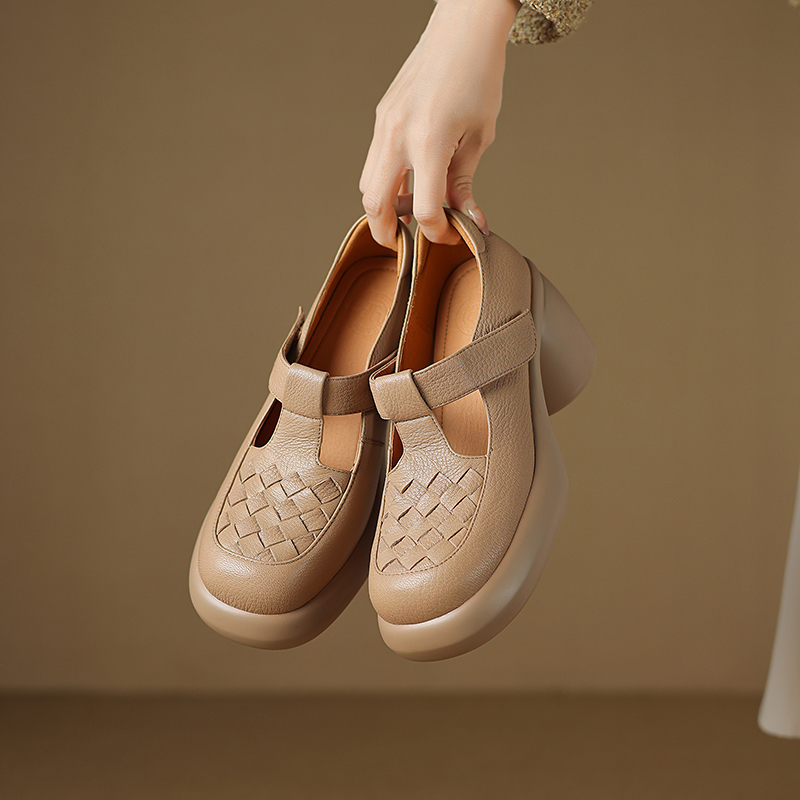 7厘米粗跟厚底玛丽珍单鞋女头层羊皮鞋子软面软底休闲舒适女鞋春