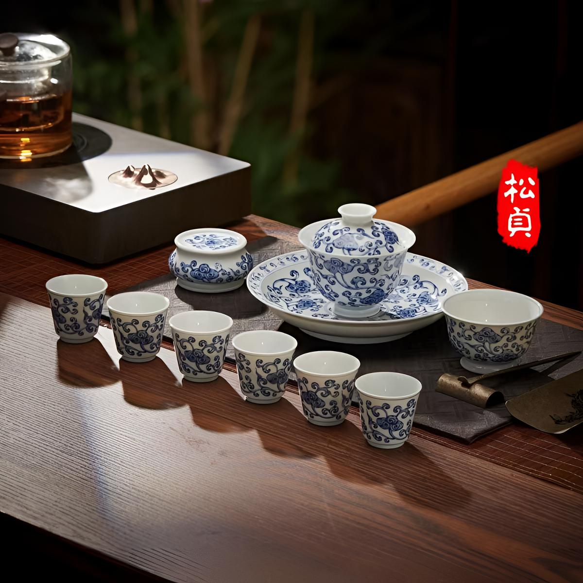 景德镇青花灵芝纹茶具（十件套礼盒装）家用高档组合套装盖碗茶器