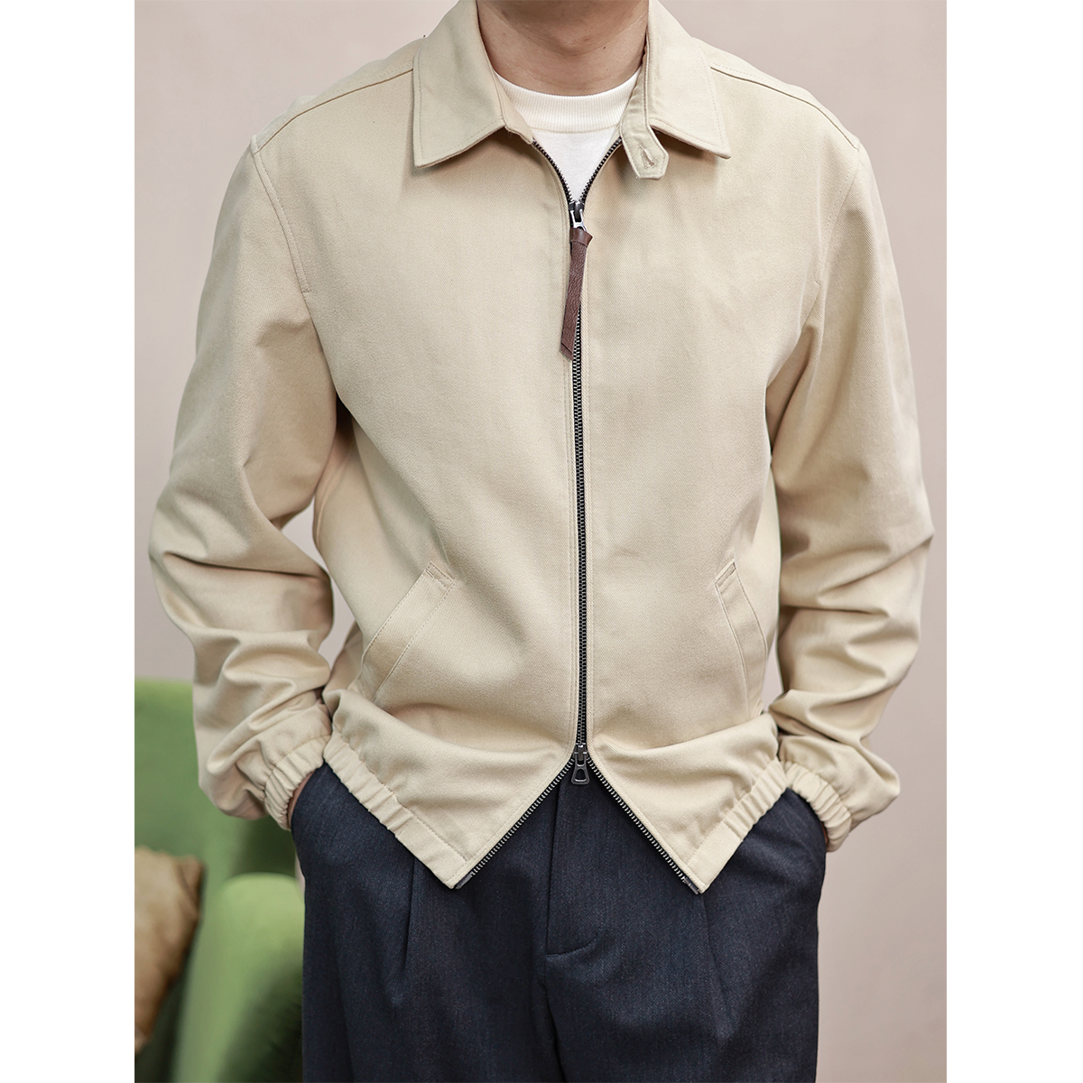 纯棉斜纹经典款夹克男士美式复古翻领外套 老钱风休闲春秋茄克