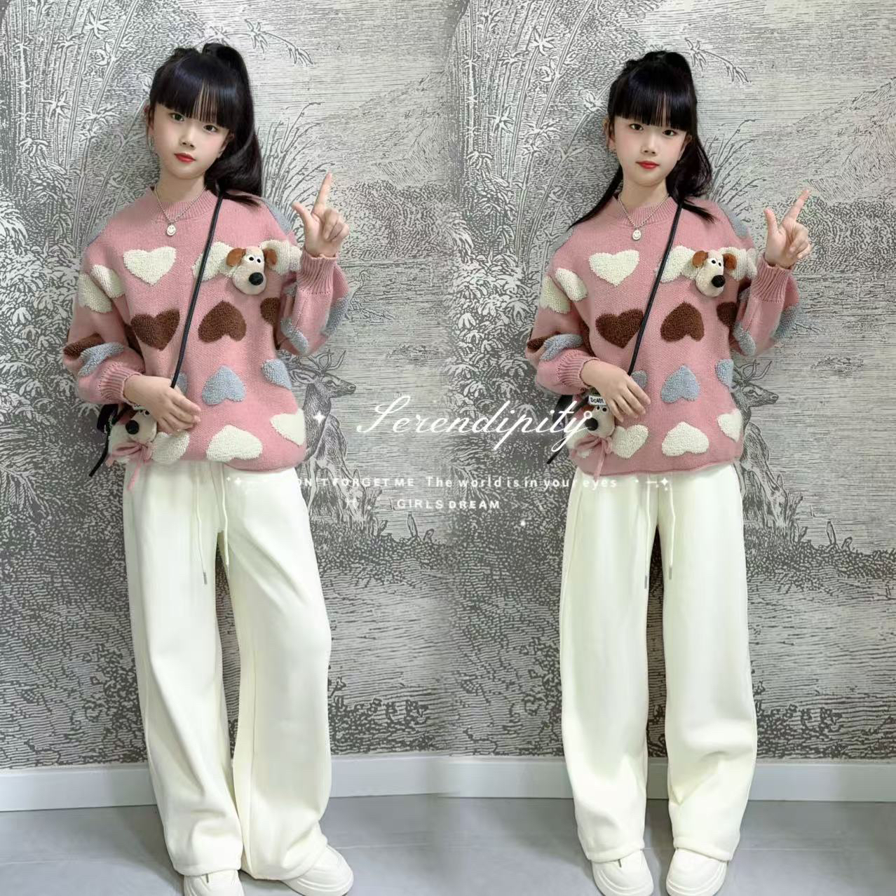 女童超好看卡通立体小狗圆领毛衣秋冬装设计感刺绣休闲加绒卫裤