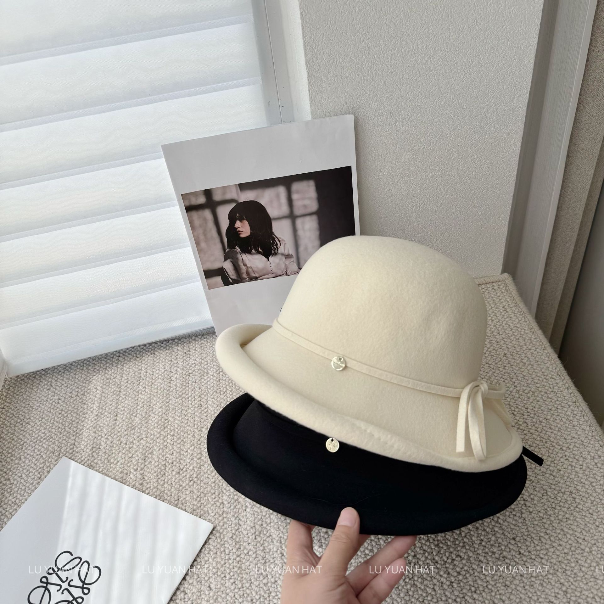 赫本风秋冬澳洲羊毛前卷渔夫帽子女显脸小蝴蝶结盆帽法式千金礼帽