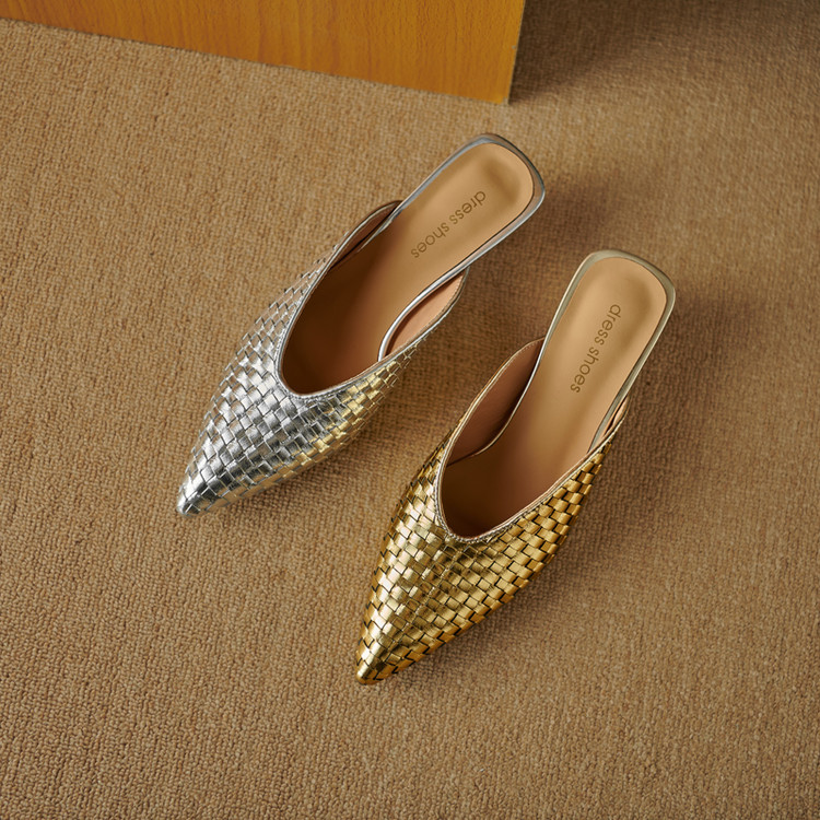 尖头时尚编织气质包头拖罗马风粗跟真皮外穿凉拖鞋女