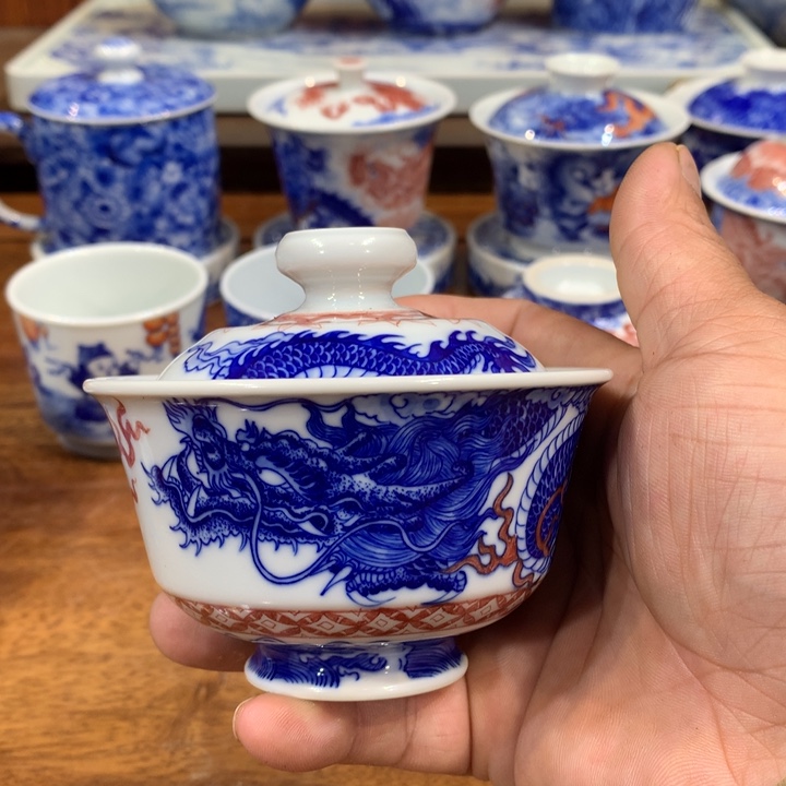 自成堂柴窑青花双龙盖碗