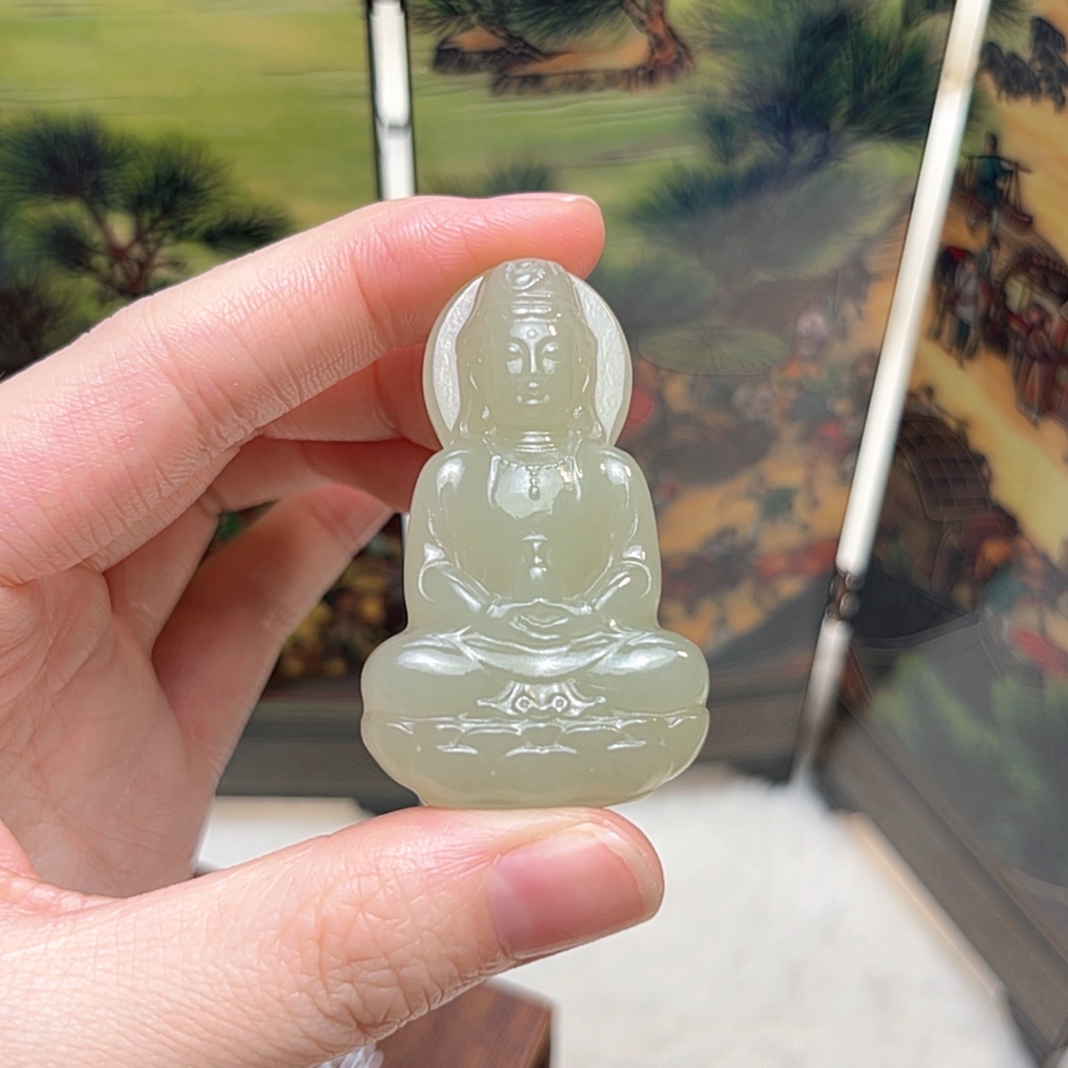 天然和田玉净瓶观音吊坠男女同款配绳