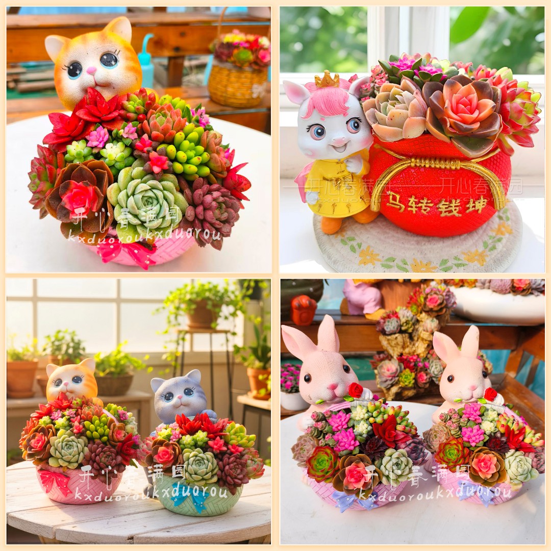 2026精品粉兔子猫咪卡通熊多肉植物组合桌面盆栽含盆带花发