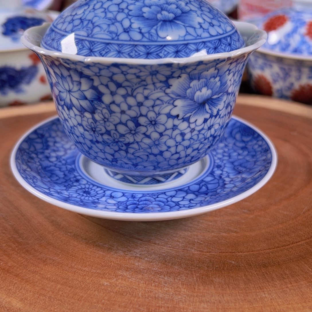 青花万花三才盖碗