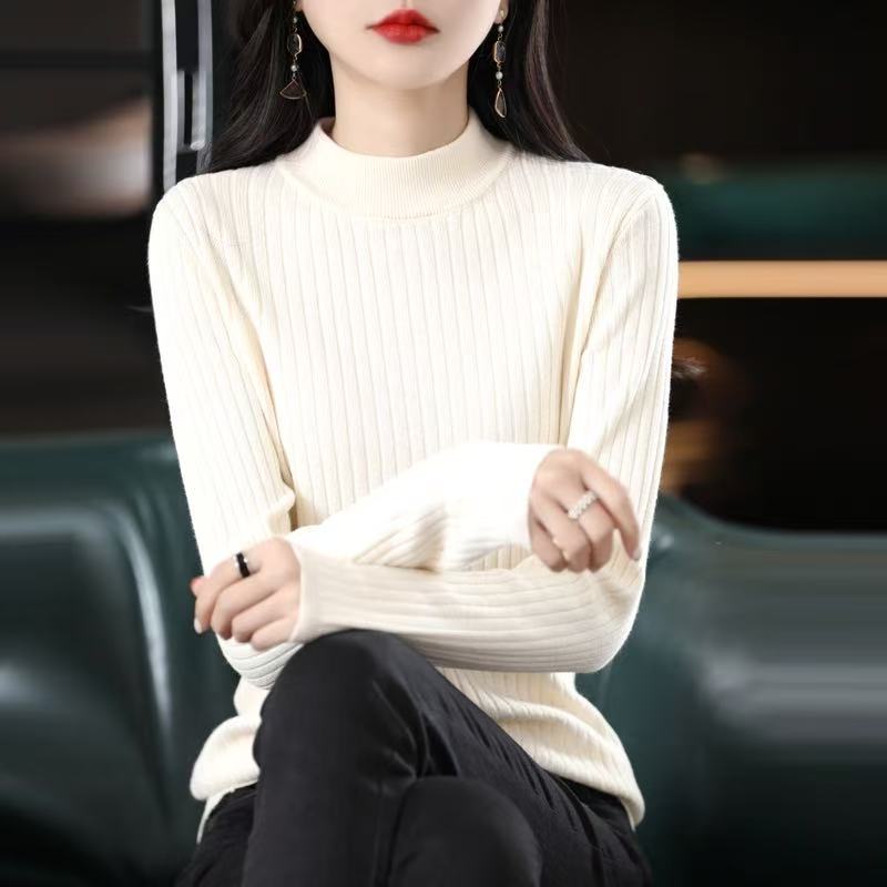 棉针织衫加厚坑条半高领线衣针织衫女纯色毛衣秋季内搭套头衫