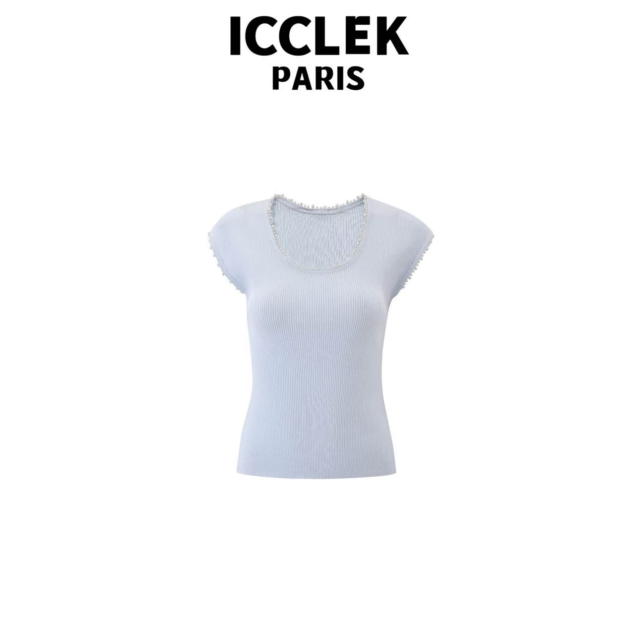 icclek 蓝色圆领钉珠短袖针织衫 百搭 时尚 -5368