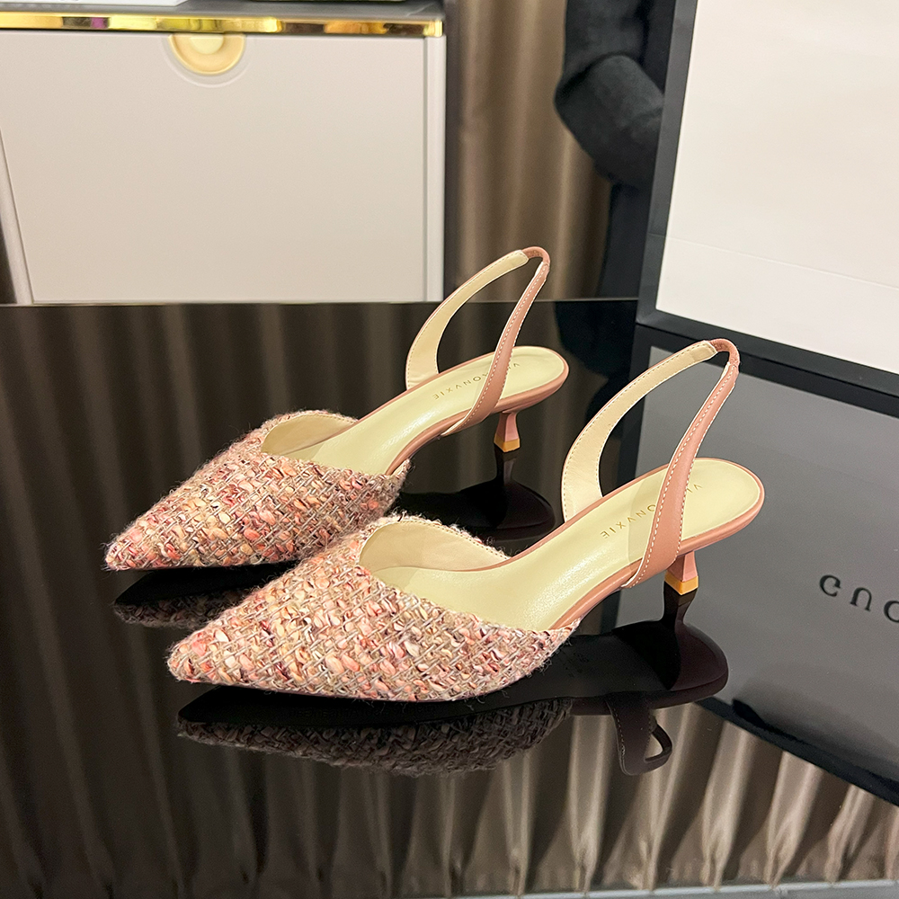 【VIMIAONVXIE】甘师傅匠心之作真皮高小香风跟鞋细跟粉色后空凉鞋