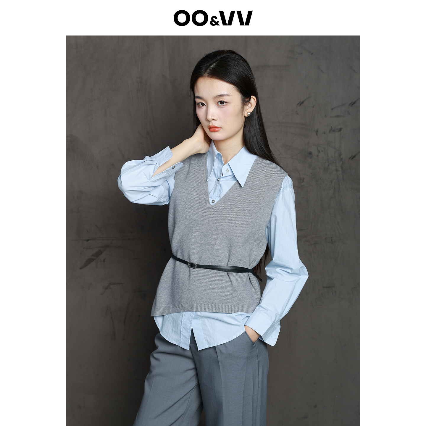 OO&VV2025秋季新款时尚宽松纯棉长袖衬衫+针织马甲背心两件套女