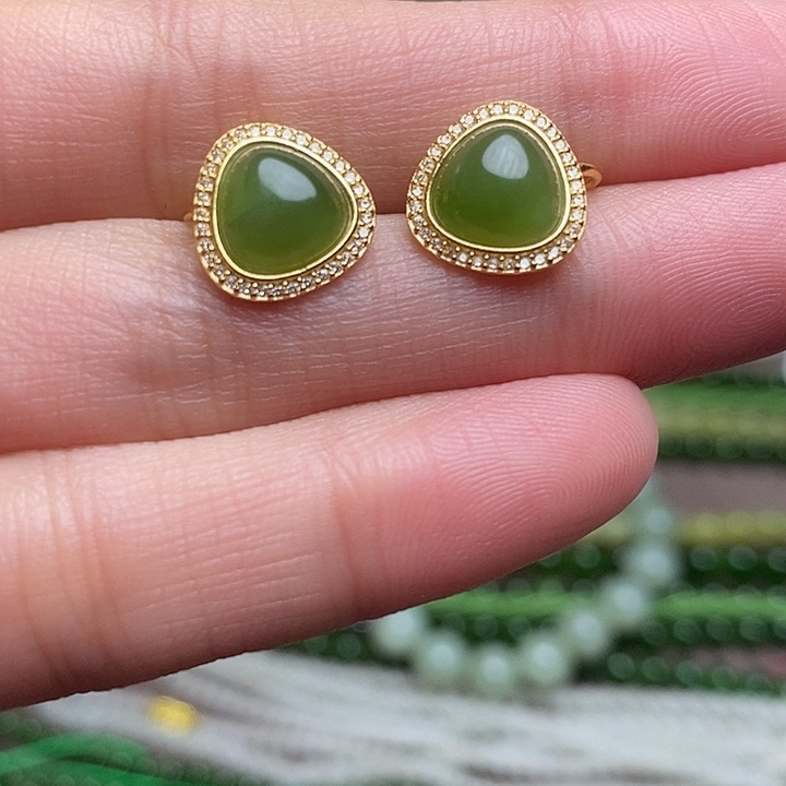 和田玉银S925镶嵌耳饰