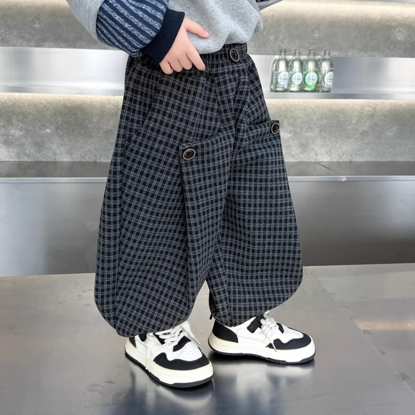 男童加绒裤子秋冬装格子裤2025冬季新款儿童加厚一体绒休闲裤长裤