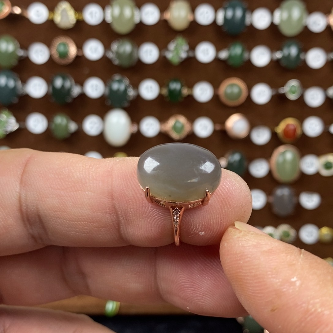 和田玉（青白玉）戒指银S925镀金镶嵌
