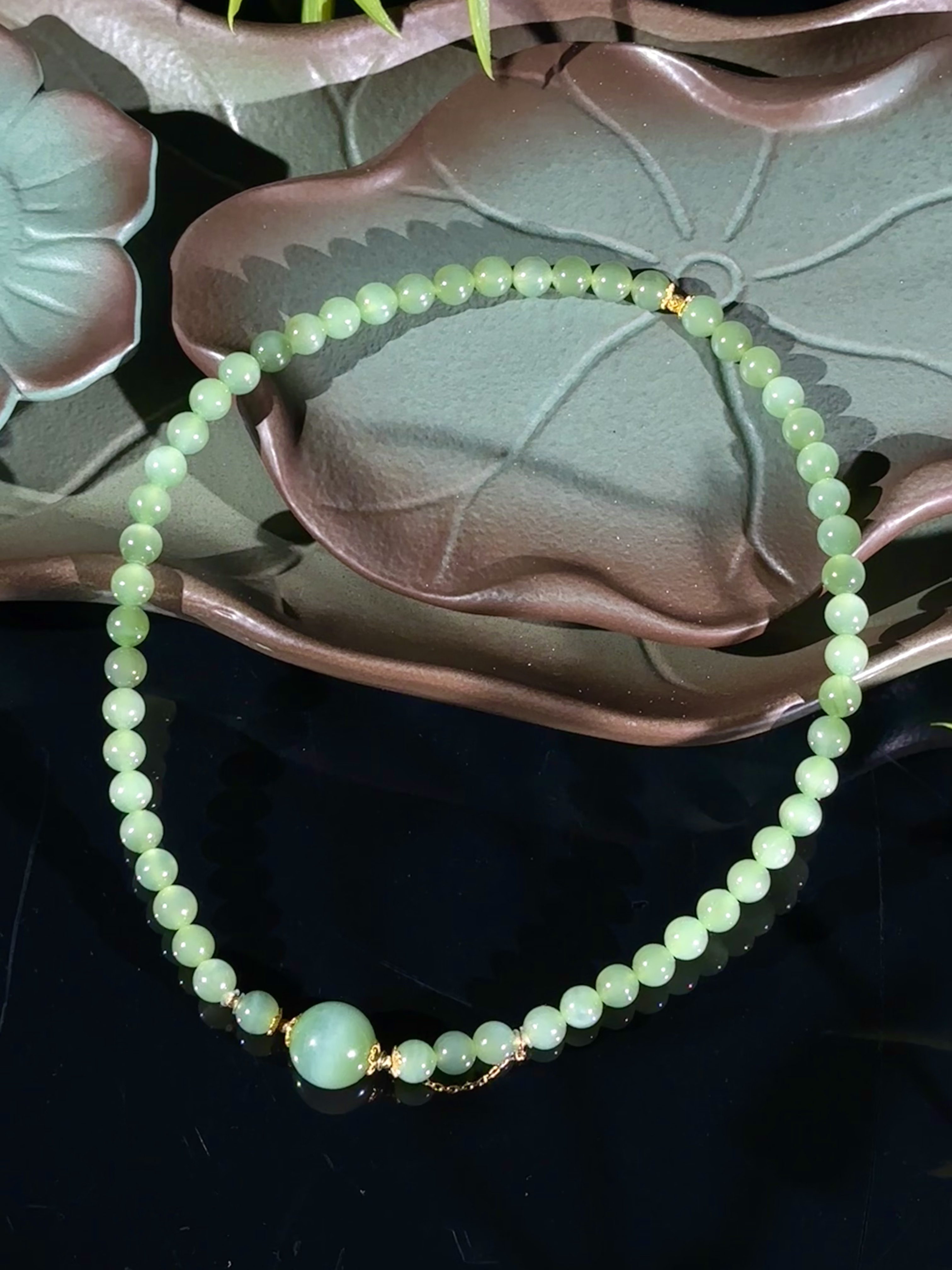 【不语】粉青猫眼和田玉单珠双圈手串5.5mm+ D2663(18)