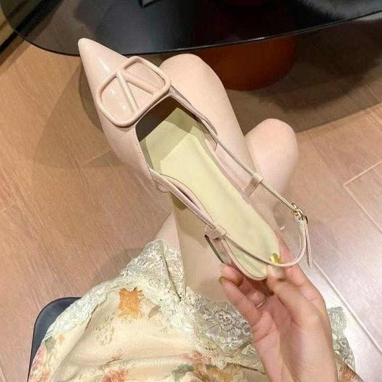 白色法式一字扣带凉鞋2025夏新款气质百搭鞋中跟尖头平底鞋女鞋潮