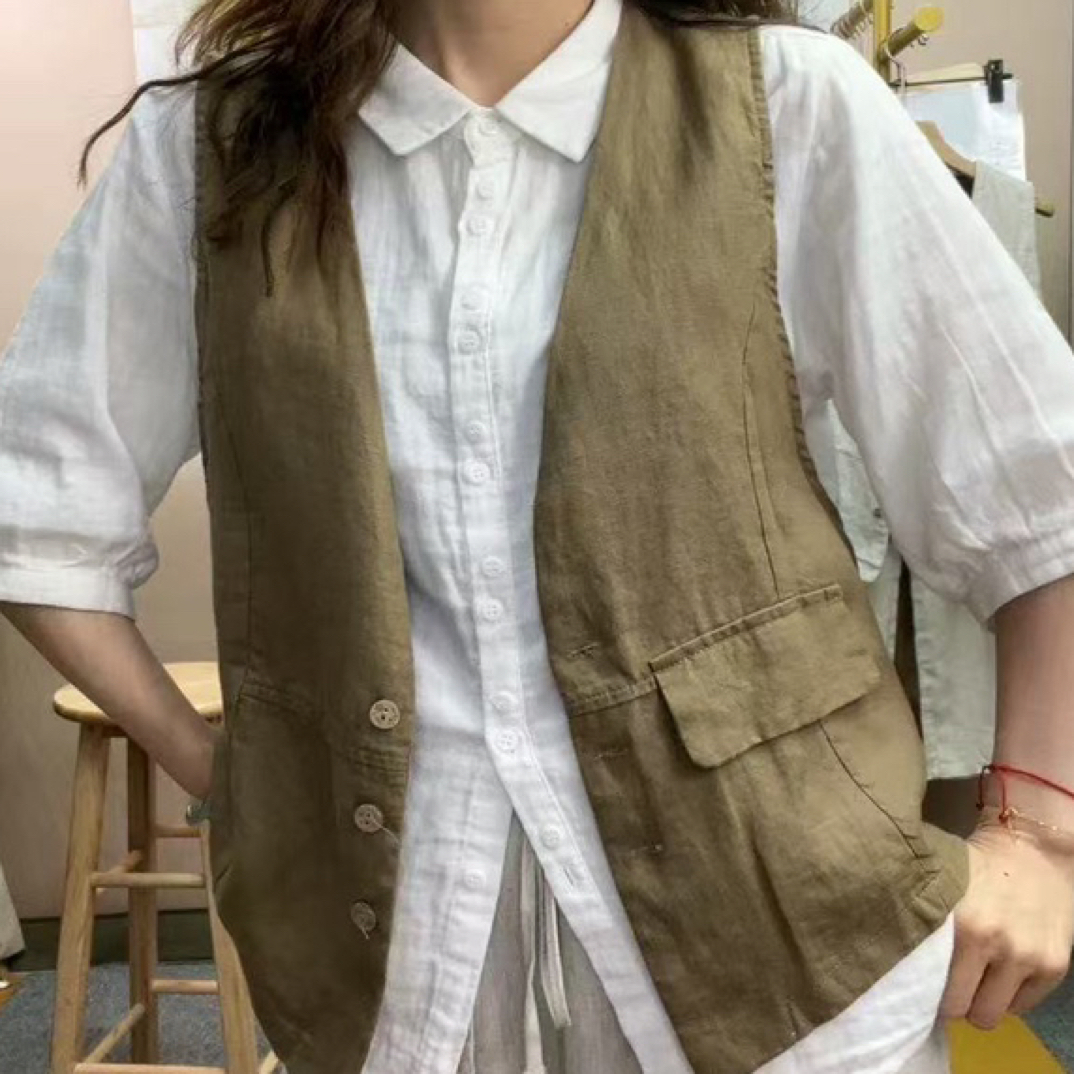 7106V领复古文艺亚麻马甲外套女秋冬百搭