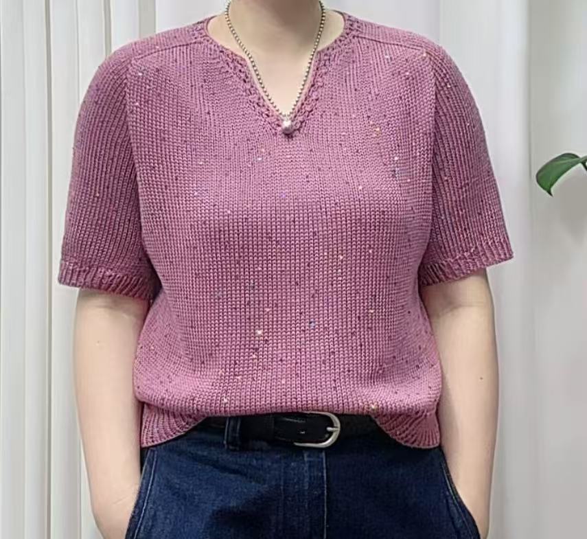 织【V领短袖】珠片桑蚕丝莱赛尔【八两】价格 手工毛线编织夏季短袖