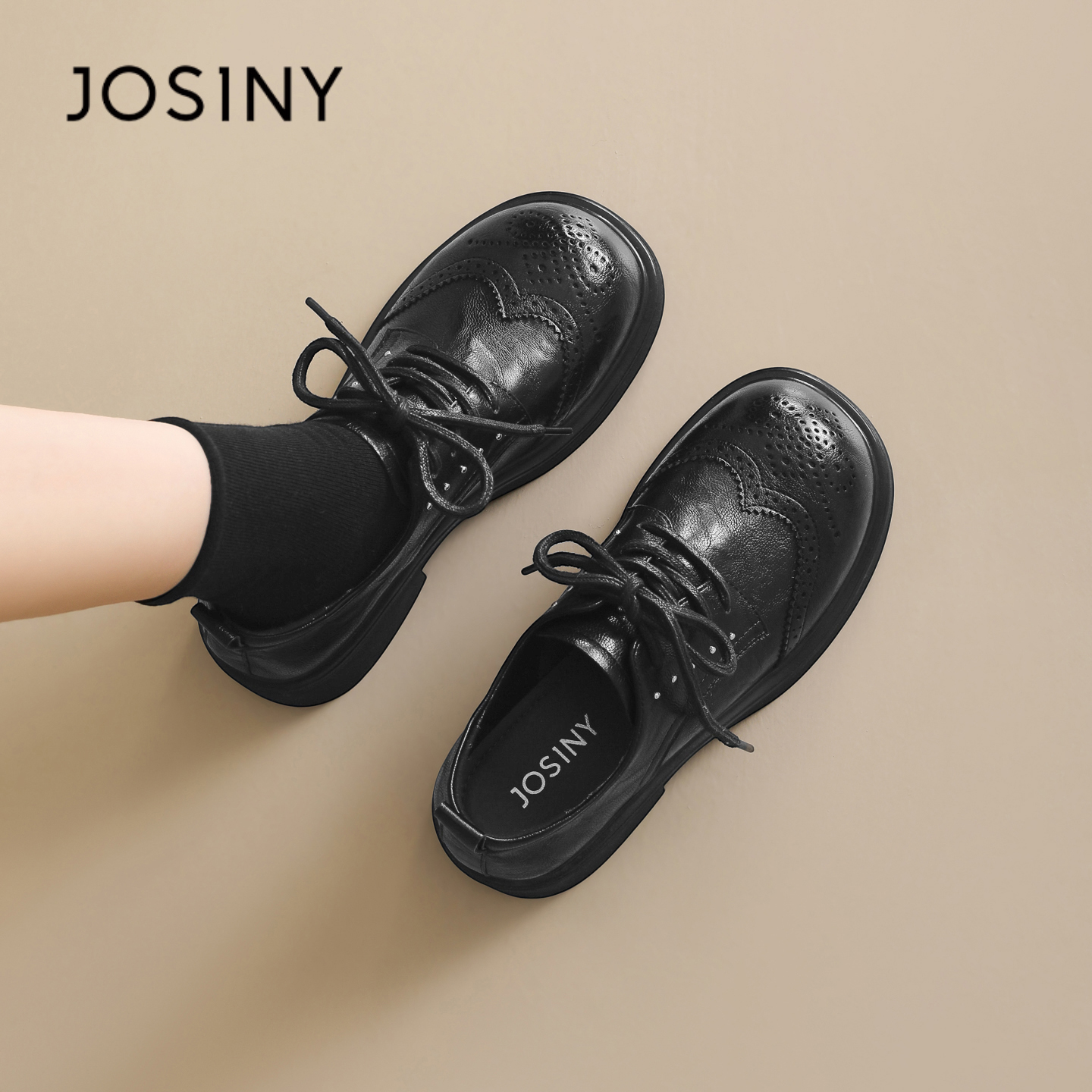 卓诗尼复古布洛克乐福鞋女2026新款英伦风百搭圆头厚底黑色小皮鞋商品图