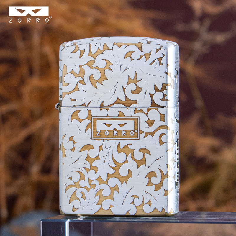 佐罗二代包银大唐草煤油打火机高档双面雕刻花纹创意个性银色男士