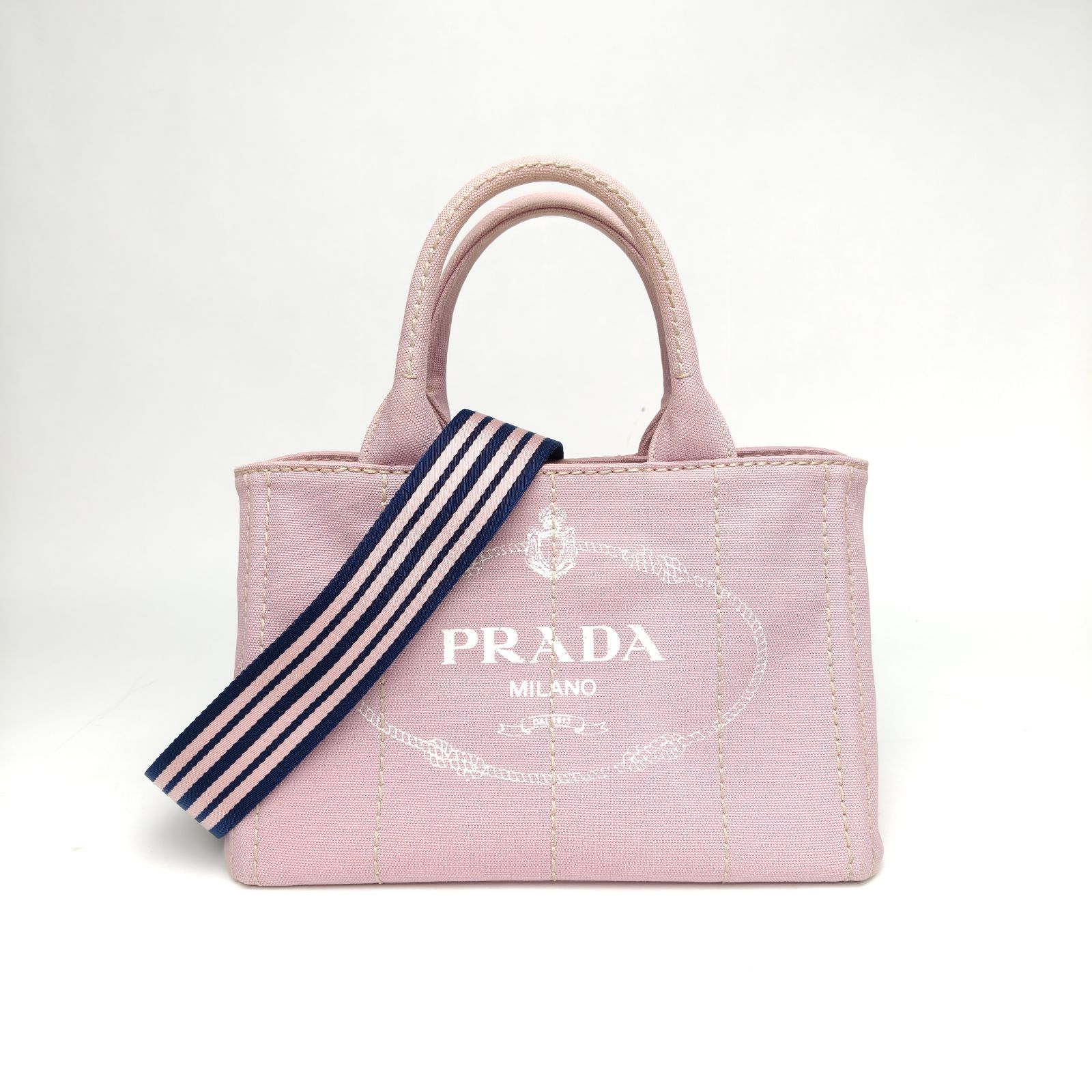 95新 Prada/普拉达 【黑黑】沙滩包 复古印花 小号 粉紫色 帆布 